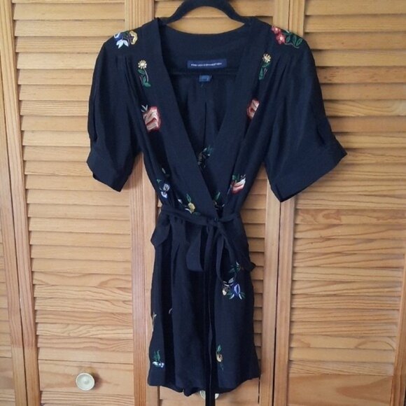 French Connection Black Embroidered Floral Silk Puff Sleeve Wrap